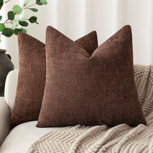 Foindtower Pack of 2 Soft Textured Chenille Throw Decorative Pillow Covers Square Accent Solid Cushion Cover Cozy Neutral Farmhouse Pillow Case for Couch Sofa Bedroom Living Room 26x26 Inch,Red Brown