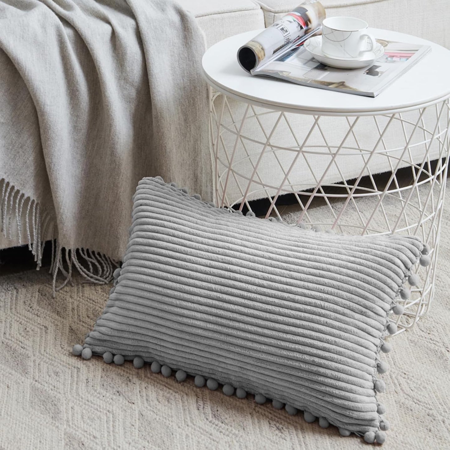 Fancy Homi Pack of 2 Boho Neutral Grey Lumbar Decorative Throw Pillow Covers with Pom-poms, Soft Corduroy Solid Rectangle Cushion Cases Set for Couch Sofa Bedroom Car(12x20 Inch/30x50 cm)