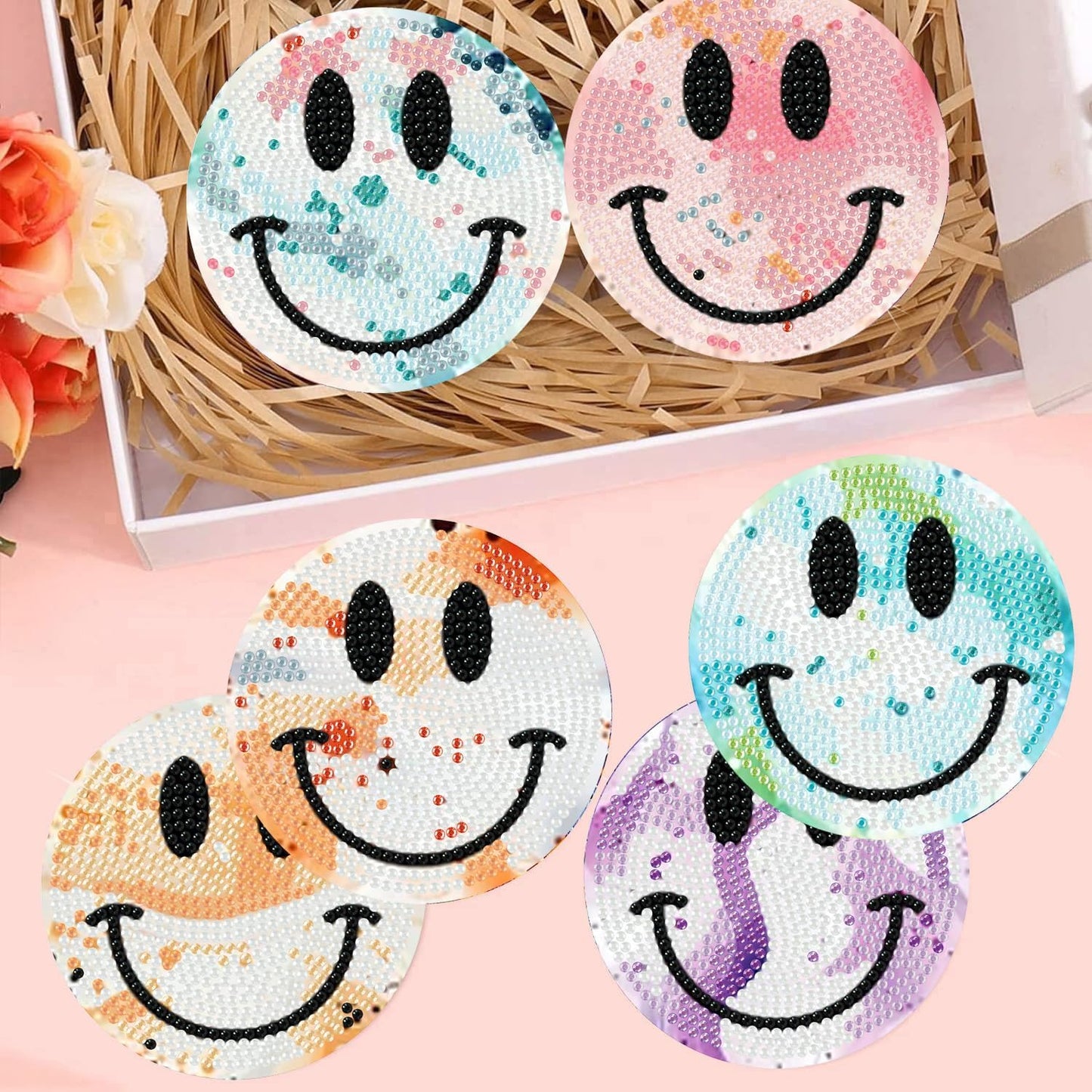 Meothan 8 Pcs Diamond Art Coasters Kits for Adults with Holder Cork Pads, Smile Face Diamond Dots Art Painting Coasters Crafts Kit for Home Office Decor (4x4in)