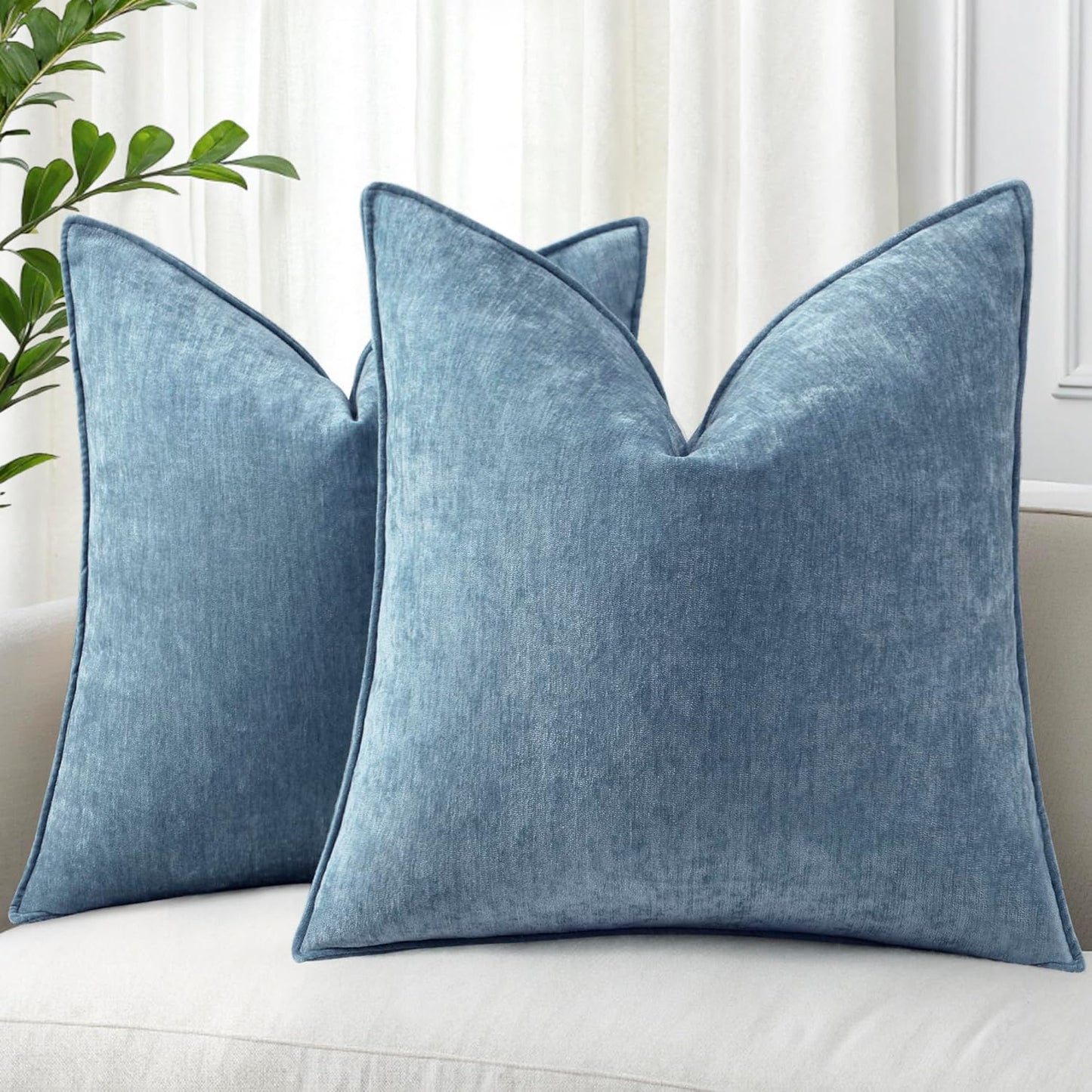 decorUhome Couch Throw Pillow Covers 18x18 Set of 2, Decorative Soft Euro Neutral Chenille Pillow Covers with Elegant Design for Sofa Bed Living Room Home Decor, Blue