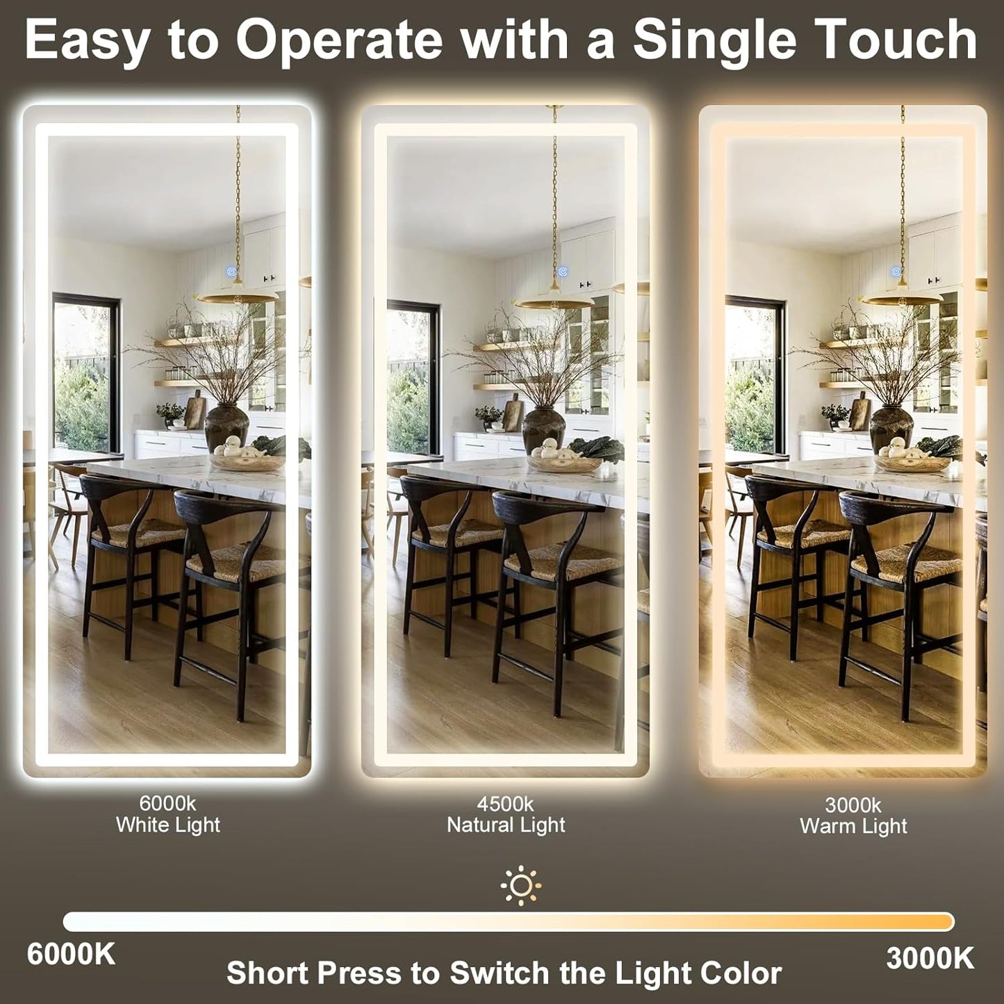 GLSLAND 26"x68" LED Full Length Mirror - Full Body Mirrors with Lights Dimmable 3 Color Lighting Floor Standing Mirror Hanging for Bedroom Living Room Cloakroom,White