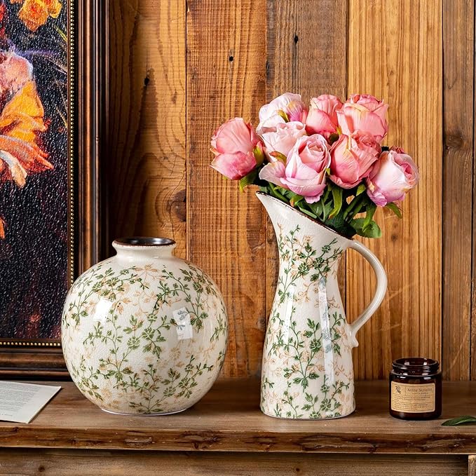 Green and Beige Pitcher Vase, Handcrafted Pastoral Ceramic Floral Vase, Vintage Farmhouse Flower Vase for Home Decor, Chinoiserie Tuscan Cottage Core Decor, Rustic Table Centerpiece 7.3 in