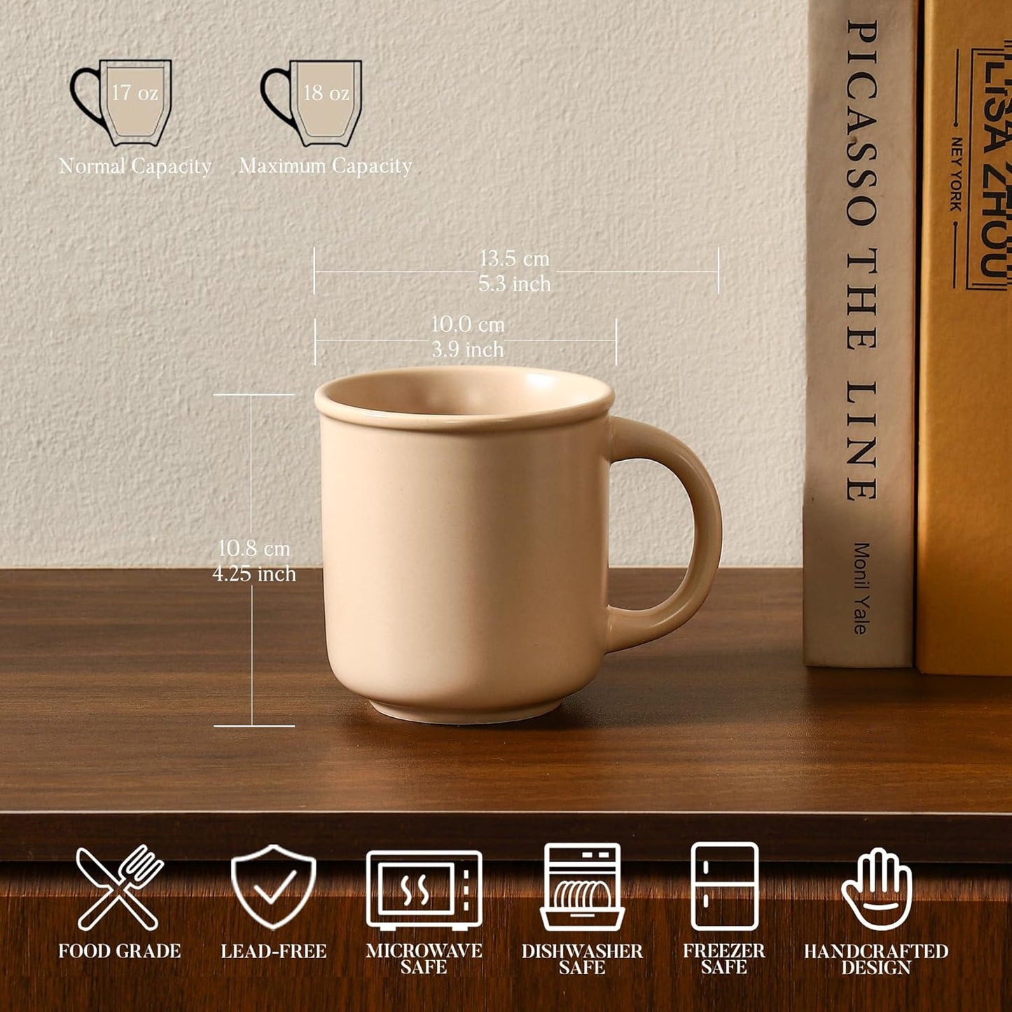 GZG 18 oz Coffee Mugs Set of 4, Modern Ceramic Coffee Cups Set with Handle, Large Coffee Mugs for Tea, Latte, Milk, Cocoa, Rustic Matte Glaze, Microwave & Dishwasher Safe(Warm Sand)