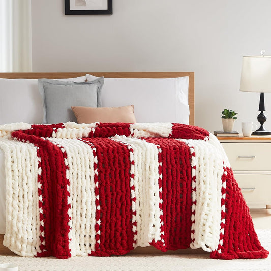 L'AGRATY Chunky Knit Blanket Throw - Soft Chunky Throw Blanket 60x80: 100% Hand Kintted Chenile Crochet Throw Blanket for Couch - Large Cable Knit Chunky Blanket for Home Decor(Red and White)