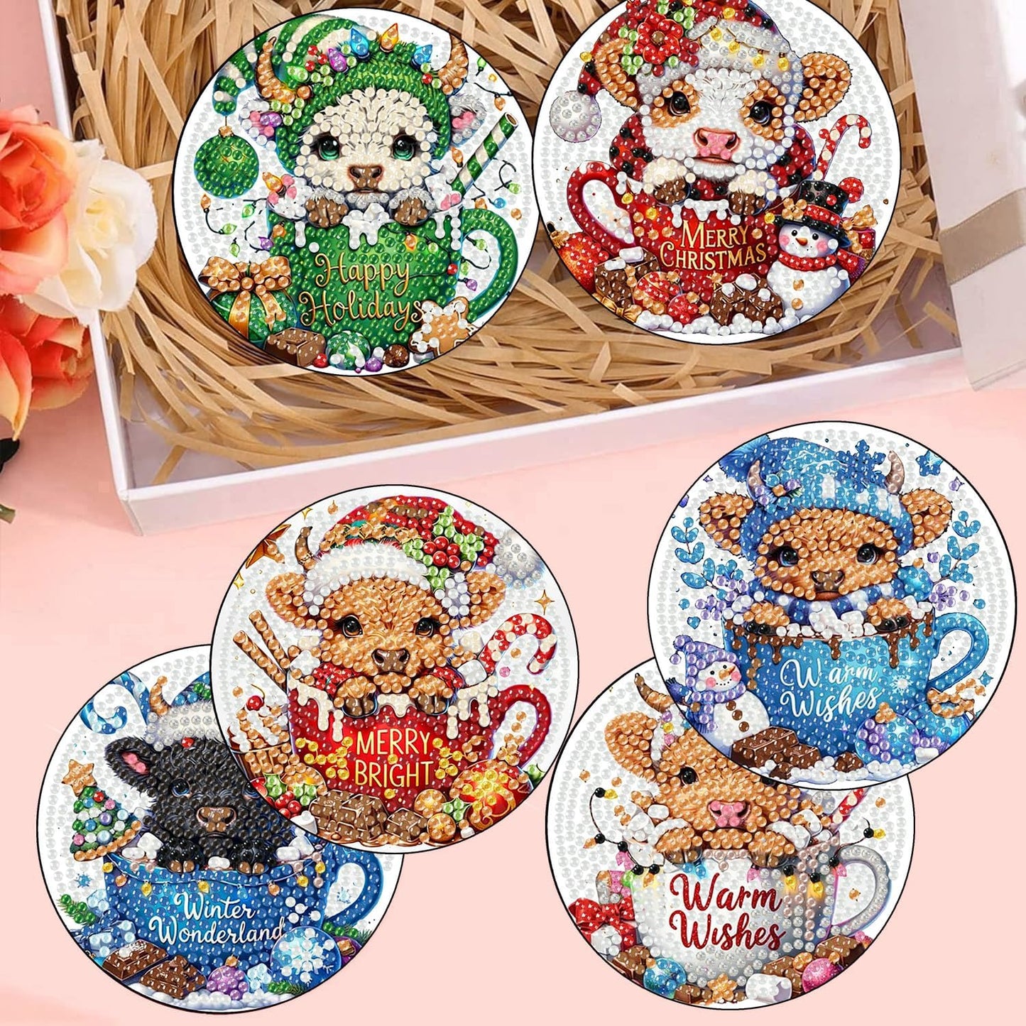 Meothan 8 Pcs Diamond Art Coasters Kits for Adults with Holder Cork Pads, Highland Cow Diamond Dots Art Painting Coasters Crafts Kit for Home Office Decor (Christmas Theme)