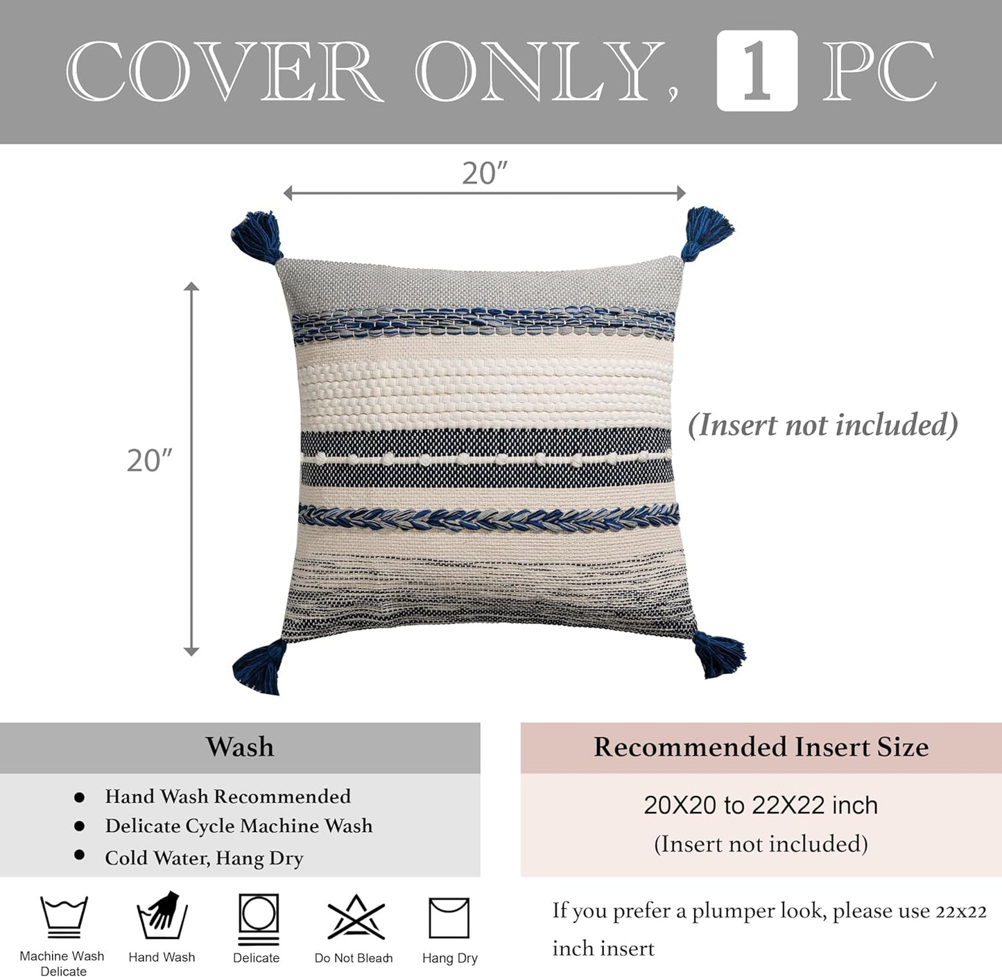 BlissBlush Navy Dark Blue Decorative Throw Pillow Cover 20x20 Square Boho Accent Pillowcase Tassels Farmhouse Cushion for Couch Sofa Bedroom Living Room Home Décor Cover ONLY