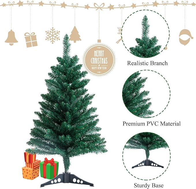 3FT Artificial Christmas Tree, Green Tabletop Christmas Tree with Metal Stand 160 Branch Tip Mini Xmas Pine Tree for Party Supplies Indoor Outdoor Holiday Home Decoration