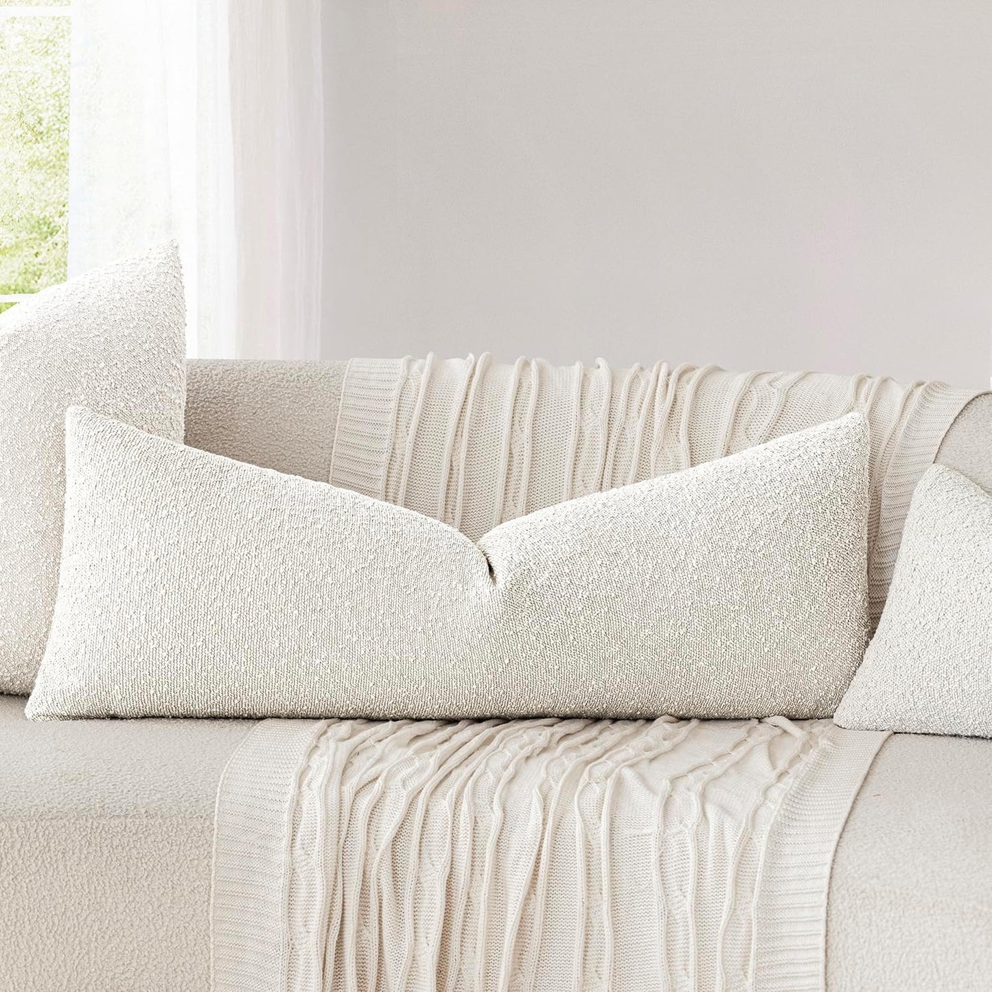 Foindtower Decorative Textured Boucle Throw Pillow Covers Accent Solid Pillow Cases Neutral Long Body Lumbar Couch Cushion Case for Chair Sofa Bedroom Living Room Home Decor 14x36 Inch,1PC,White