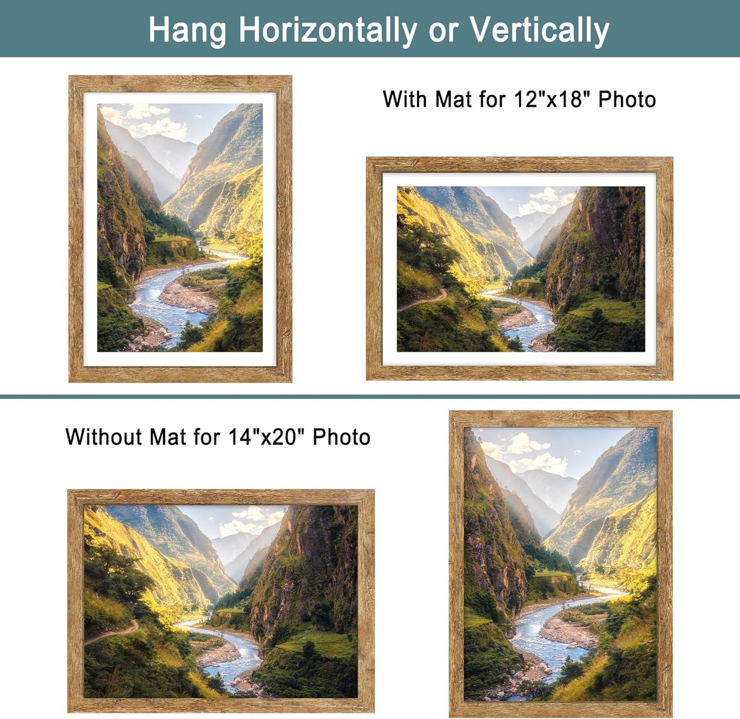 iRahmen 14x20 Picture Frame Set of 2, Brown Rustic Wood Poster Frame with Plexiglass, Display 12x18 Pictures with Mat or 14 x 20 Without Mat for Horizontal or Vertical Wall Mounting