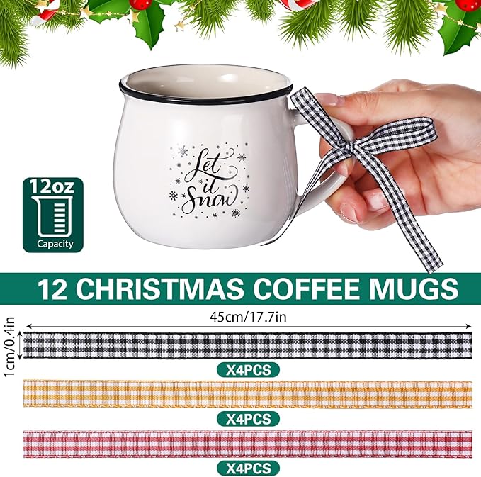 Zubebe Christmas Coffee Mugs Set of 12, 12 oz Hot Cocoa Ceramic Holiday Mugs Set for Mom, Woman, Family, Friend - Farmhouse Tiered Tray Decor, Coffee Bar Decor(White, Yellow, Brown)