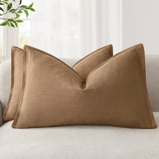 Foindtower Pack of 2, Decorative Linen Soild Throw Pillow Covers Soft Accent Lumbar Cushion Case Boho Farmhouse Pillowcase for Chair Couch Sofa Bedroom Living Room Home Decor 12 x 20 Inch Khaki Brown
