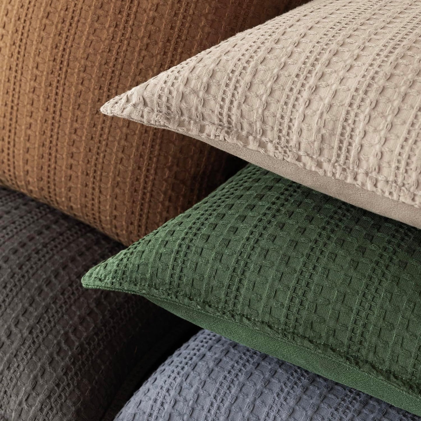 Foindtower Set of 2 Decorative Cotton Waffle Weave Throw Pillow Covers Euro Shams Cushion Covers Accent European Pillowcase for Bed Couch Sofa Bedroom Living Room Home Decor 20×20 Inch Dark Green