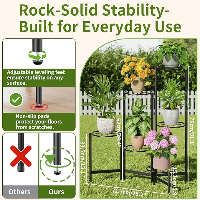 Outdoor Plant Stands for Patio Corner Tall Plant Stand Indoor Metal Flower Pot Stands for Multiple Plants 6 Tier Heavy Duty Shelf Black Kite