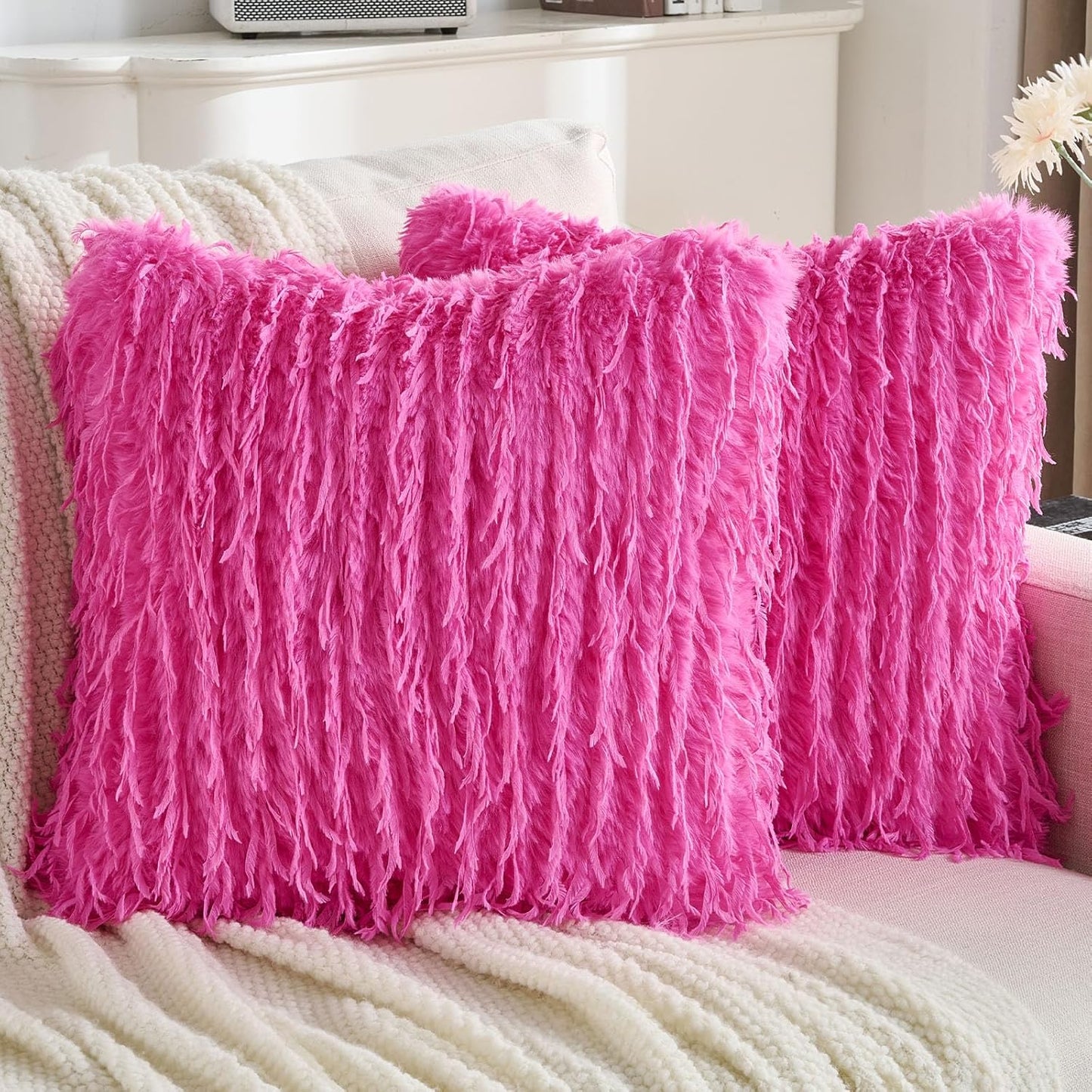 FUTEI Hot Pink Decorative Throw Pillow Covers 20x20 Inch Set of 2,Soft Fluffy Faux Feather Texture Cushion Cases,Modern Home Luxury Decor for Couch Bed Living Room