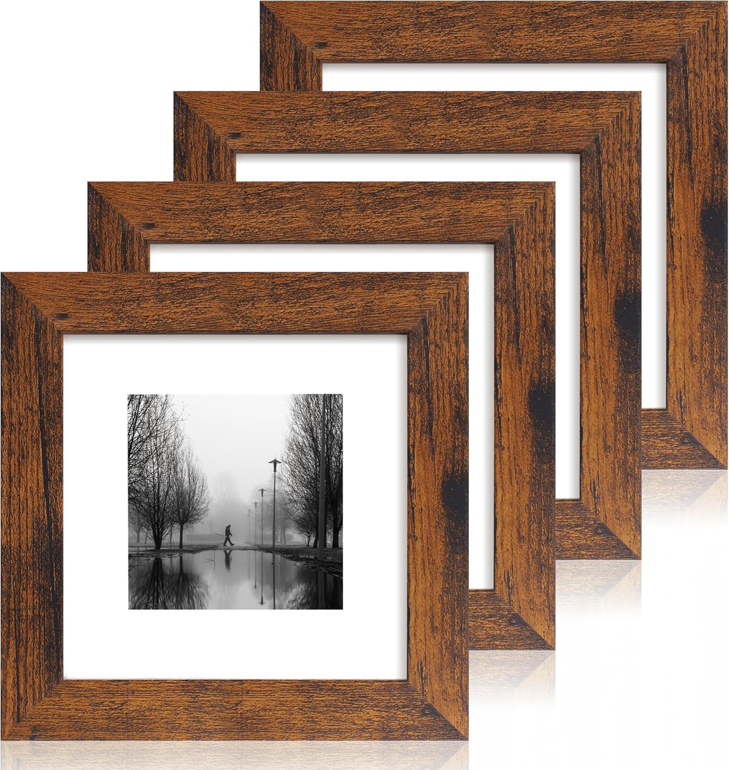 iRahmen 6x6 Picture Frame Set of 4 with Real Glass, Rustic Frames Display 4x4 Picture with Mat or 6 x 6 Without Mat, Square Photo Frame for Wall Mount and Tabletop Display