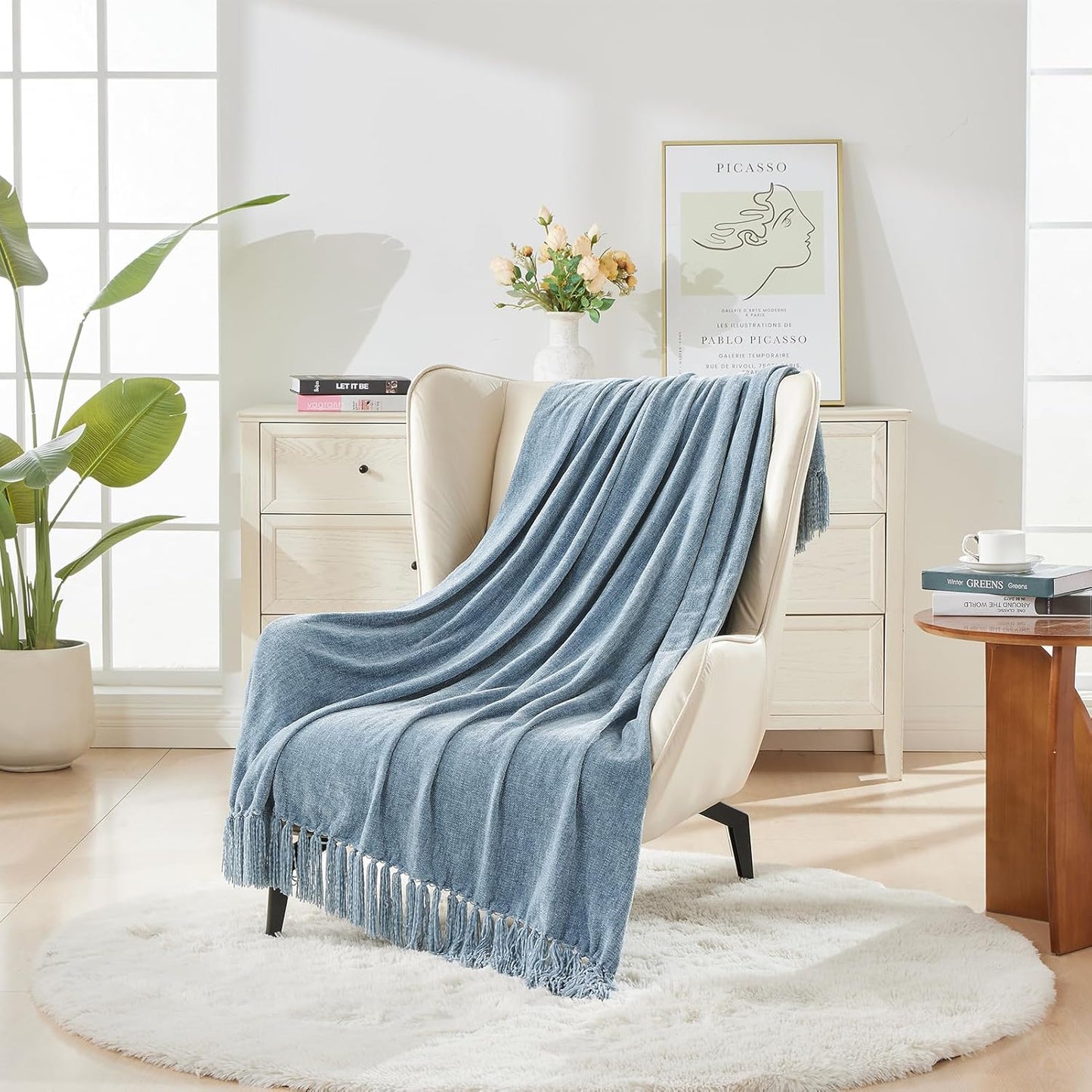 CozeCube Chenille Throw Blanket for Couch, Cozy Plush Fuzzy Decorative Dusty Blue Blanket with Fringe Tassels, Lightweight Throws for Bed Sofa Gift Home Decor, 60"X80"