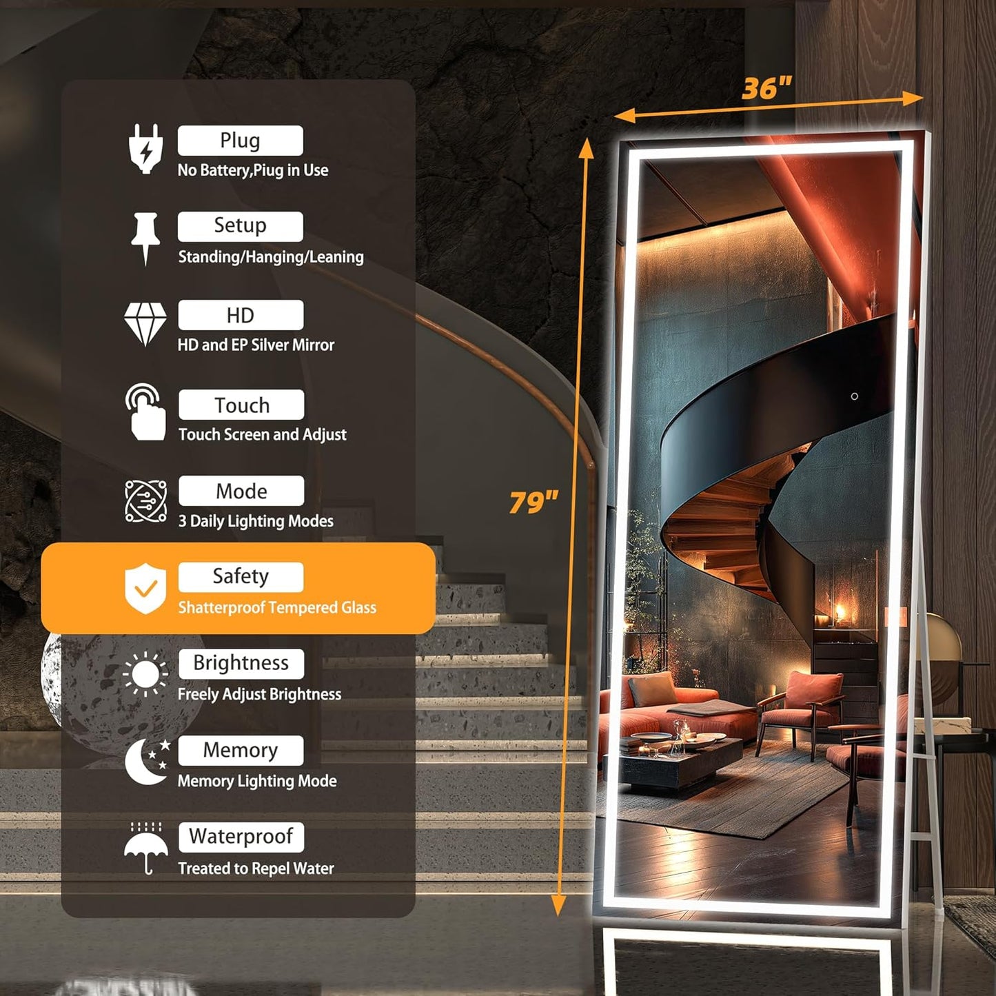 Hasipu Full Length Mirror with Lights, 79" x 36" LED Lighted Floor Standing Mirror, Full Body Dressing Hanging Mounted Mirrors, Dimmable, Tempered Glass, Safe to Use, Square White