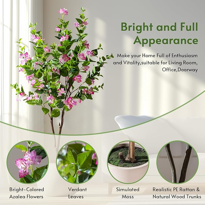 5FT Artificial Bougainvillea Tree Artificial Tree Tall Potted Fake Bougainvillea Trees for Outdoor Indoor Lifelike Potted Faux Plants with Wood Trunk and Flowers Office Wedding Home Decor