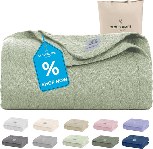 Cloud Scape Linen 100% Cotton Blanket Queen Size - Lightweight All Season & Breathable Blanket, Herringbone Weave, Best Gift for Women, Mom, Men,fits Full Size Bed, 92x92, Seafoam Green