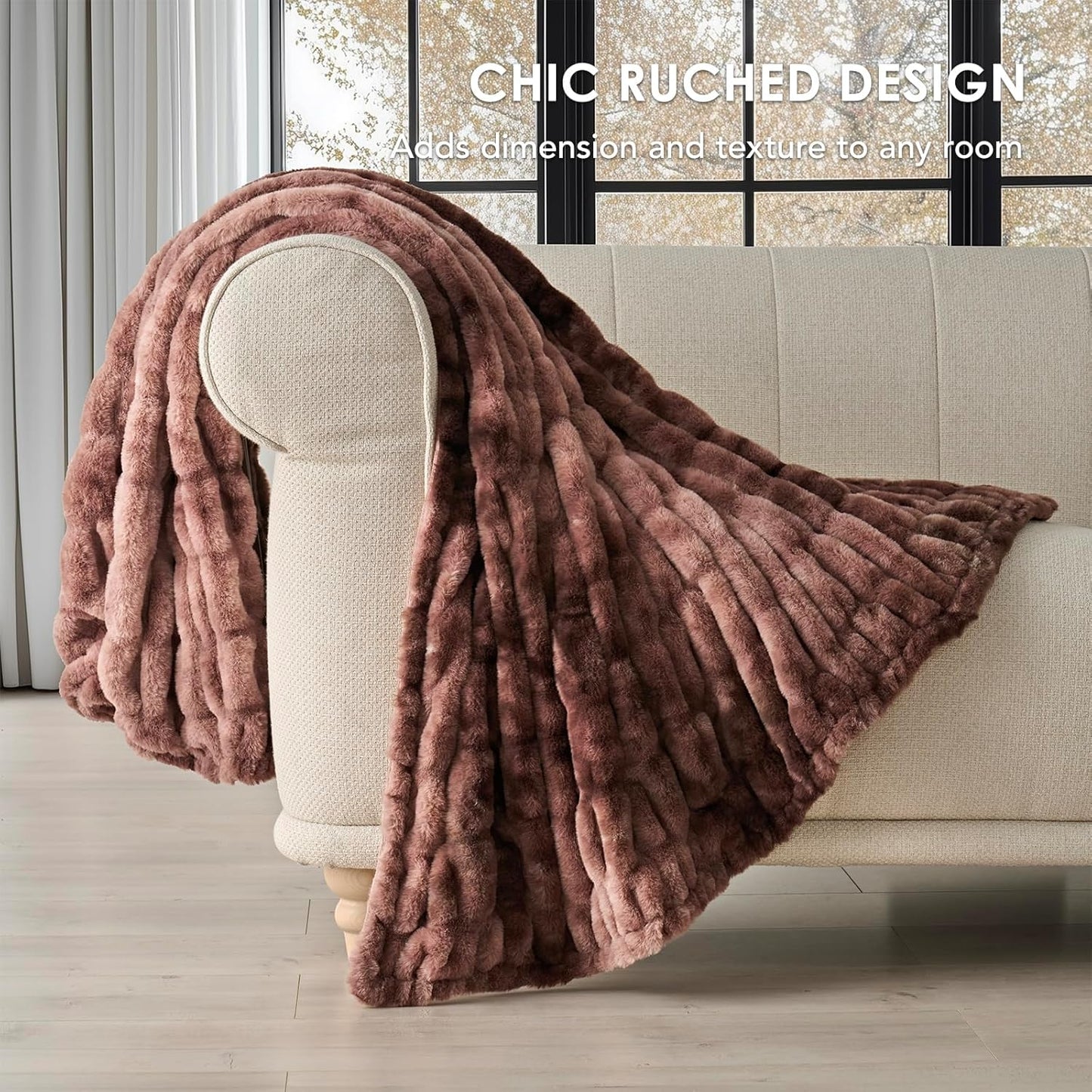 EVERGRACE Luxurious Soft Faux Rabbit Fur Throw Blanket, Cozy Fuzzy Plush Warm Throws for Couch Bed Sofa Chair Home Decor, Ruched Bubble Fluffy Blanket with Reversible Velvet, 50" x 60", Mocha Brown