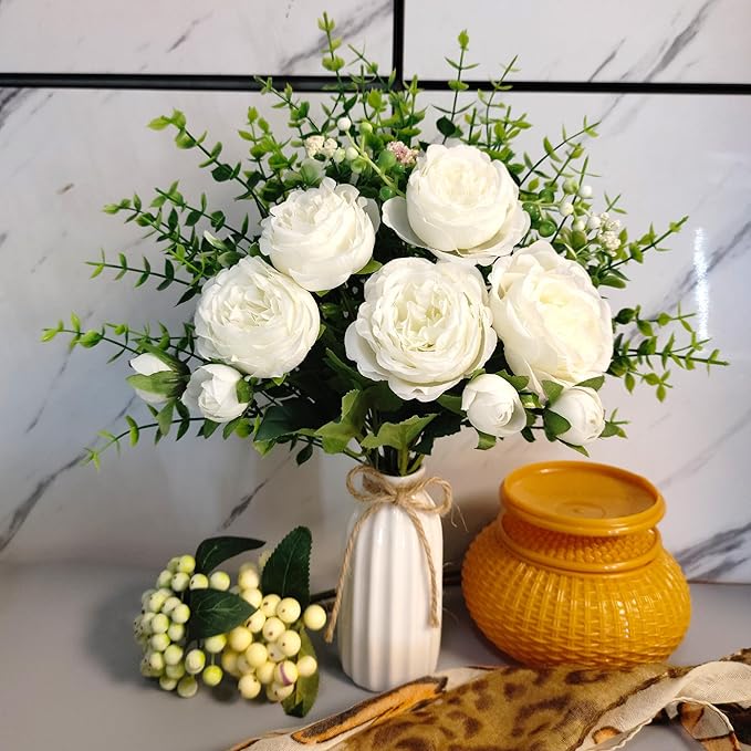 Fake Flowers in Vase, Ceramic Vase with Artificial Silk Flowers, Faux Eucalyptus Stems Flower Arrangement for Farmhouse Indoor Table Centerpiece, Bathroom Living Room Home Decor, Bedroom Decorations