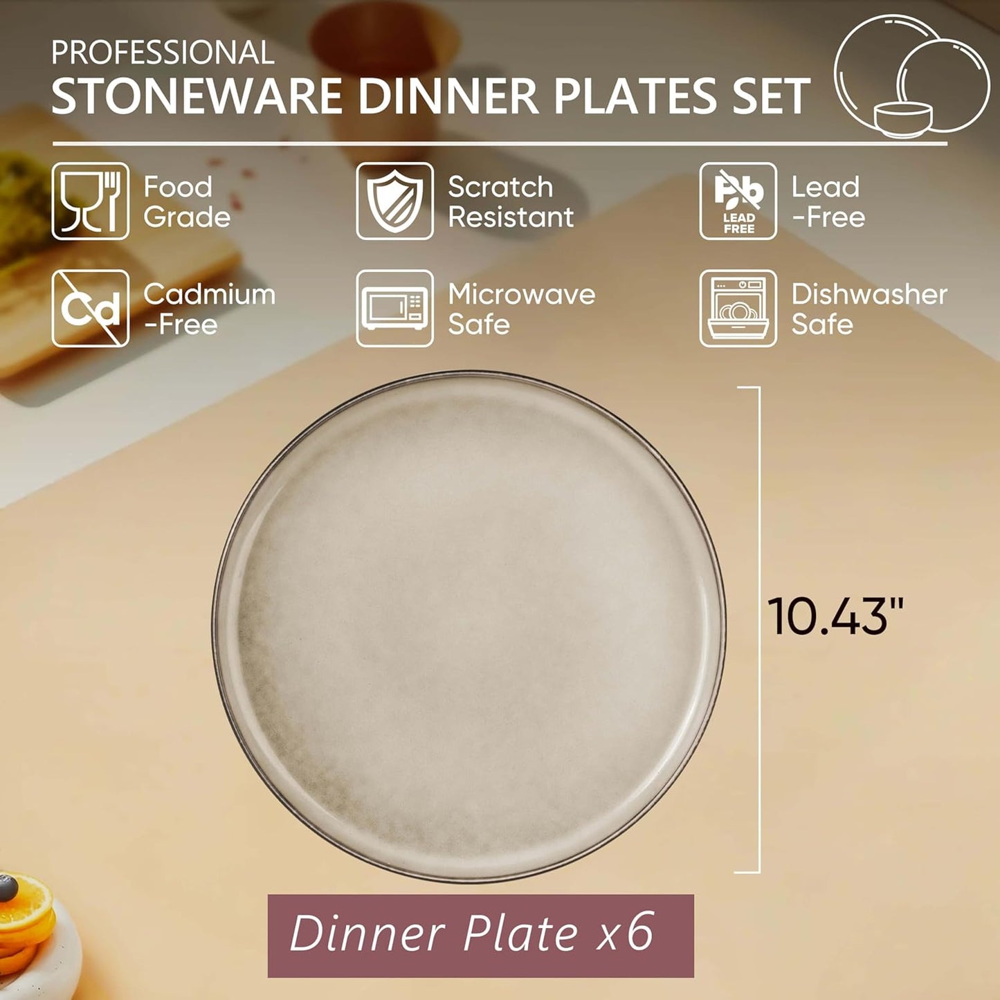 Herogo Ceramic 10.43 Inch Dinner Plates Set of 6, Stoneware Dinnerware Plate Set, Double Reactive Glaze Large Dinnerware Plates for Kitchen, Microwave, Oven & Dishwasher Safe, Cream Khaki