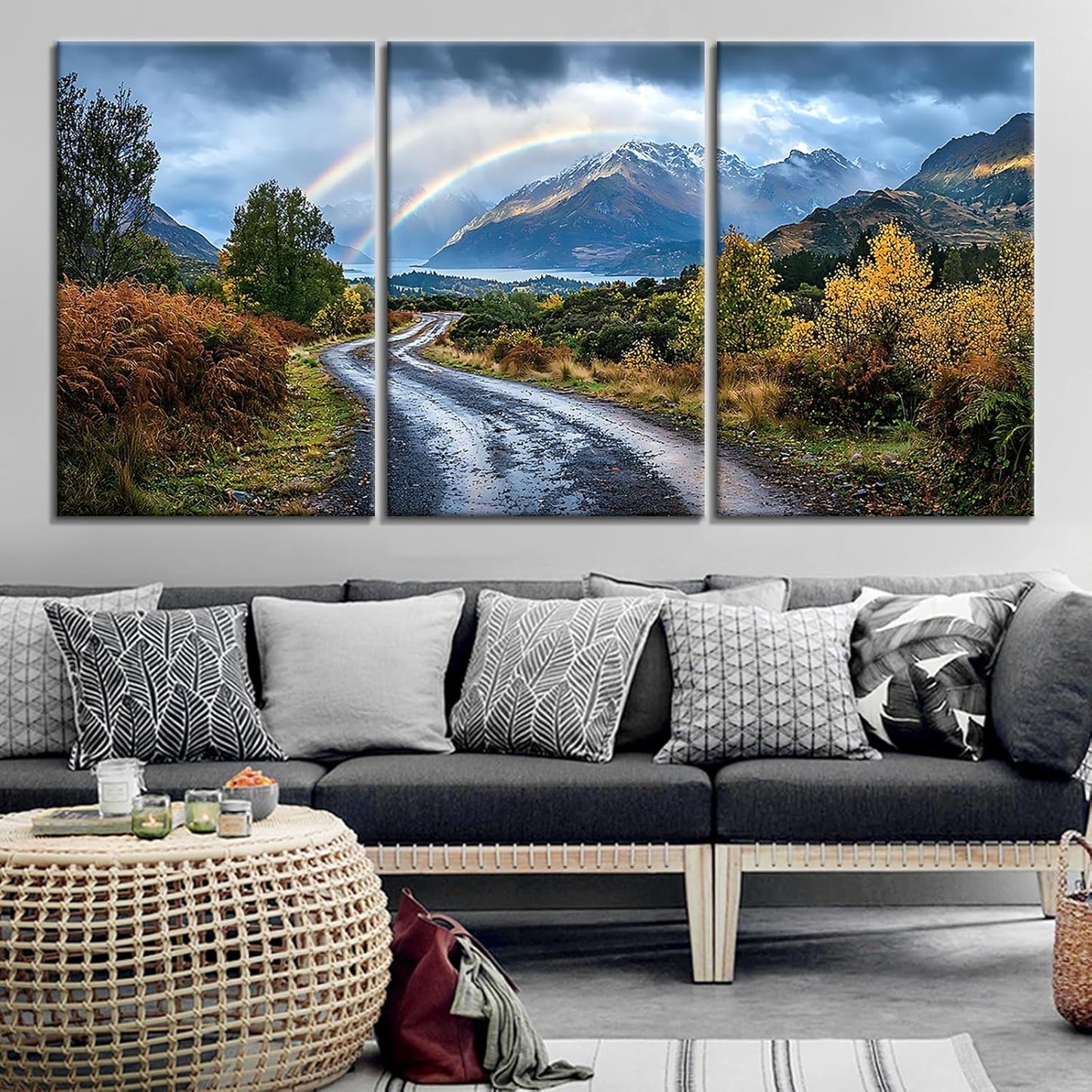 Landscape Canvas Wall Art 3 Pieces Winter Rainbow Forest Defoliation Mountain Picture Print Scenery Theme Poster Painting Artwork for Modern Home Living Room Office Stretched and Framed [72''Wx 36''H]