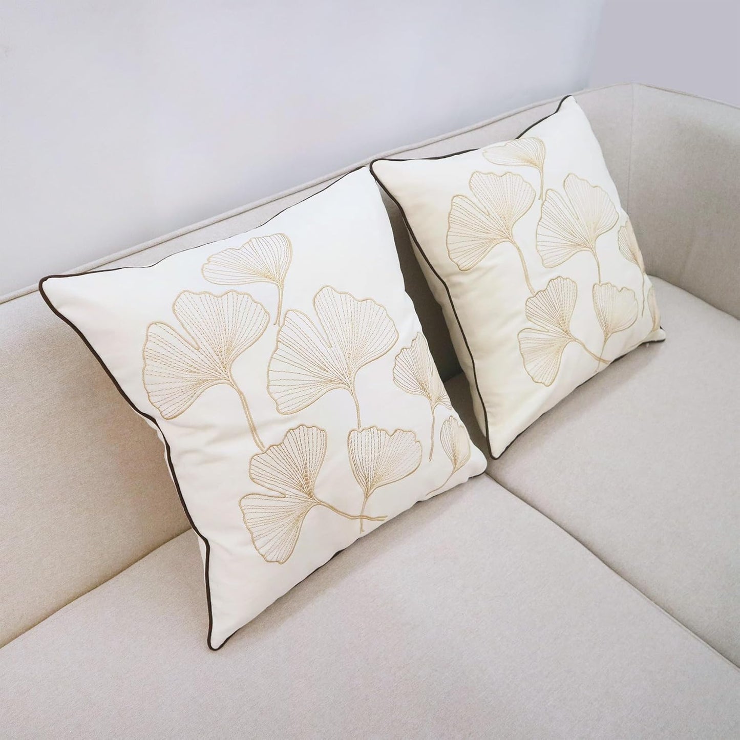 Embroidery Throw Pillow Covers 18x18 Fine Thread Golden Ginkgo Leaves Home Decor Floor Pillow Cover for Couch 100% Cotton Cushion Cover Embroidered Throw Pillow Case 45x45cm, 2 Pieces