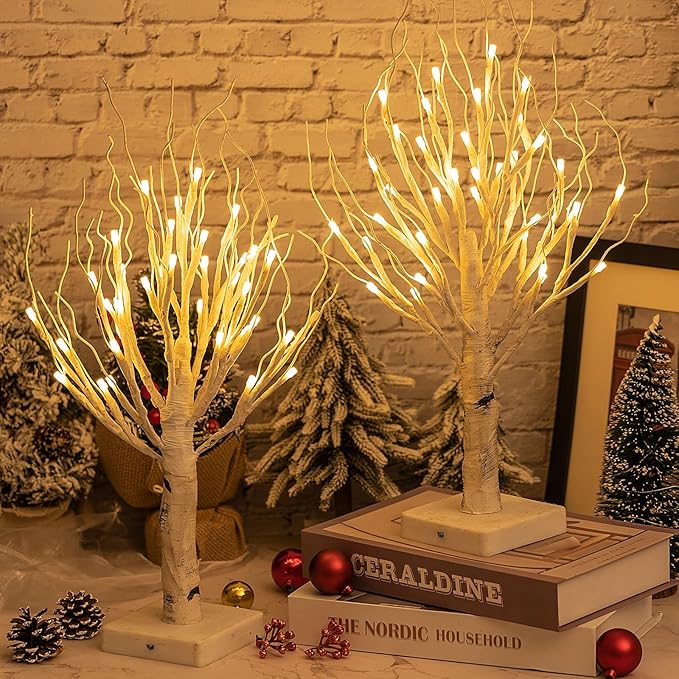 4pcs 36LED Lighted Birch Tree Home Decor - White Birch Tree with Lights Money Tree Wedding Centerpieces Artificial Branches Table (Warm White)