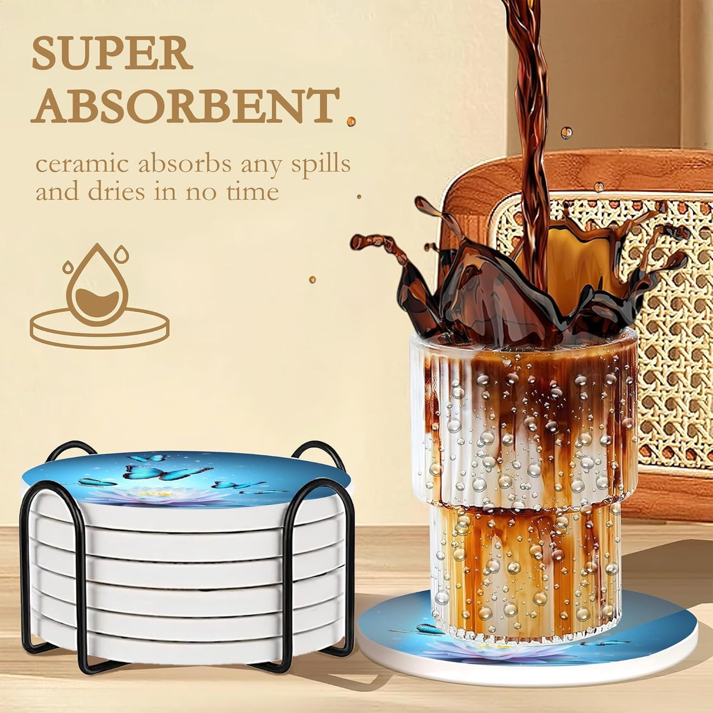 Drink Coasters with Holder,6 Pcs Water Lily Coffee Cup Mat with Storage Holder, Durable Ceramic Coaster Set for Hot & Cold Beverages