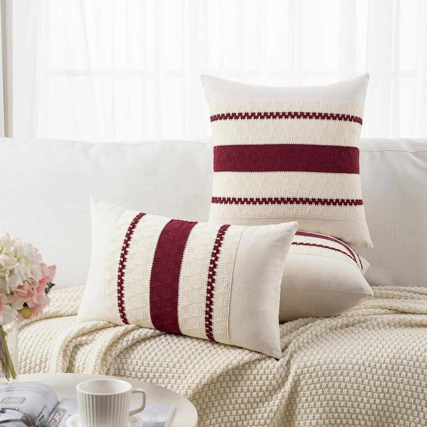 Fancy Homi Set of 2 Burgundy Boho Long Lumbar Decorative Throw Pillow Cover 12x20 Inch for Couch Bed Sofa, Aesthetic Modern Farmhouse Christmas Room Decor, Soft Cotton Cute Wind Red Cushion Case