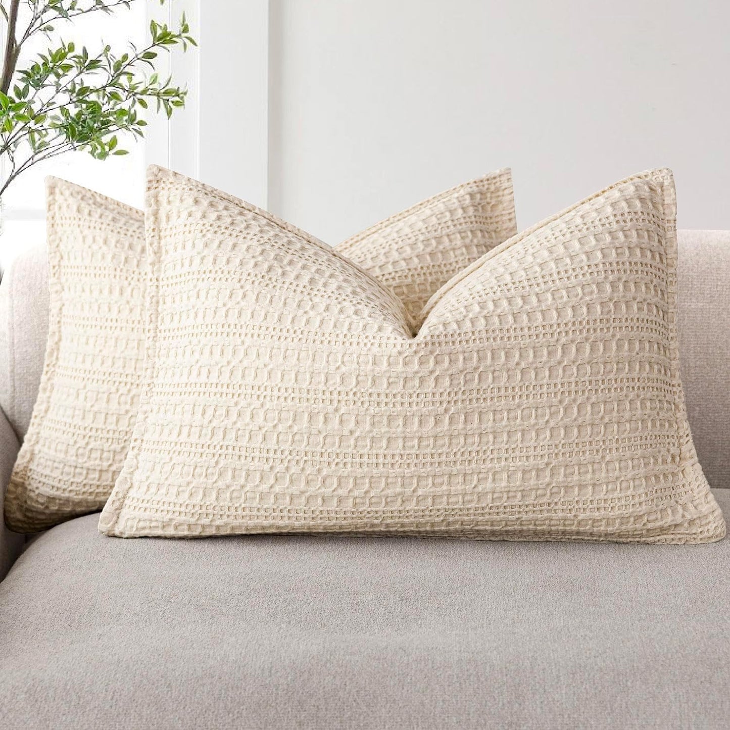 Foindtower Set of 2 Decorative Cotton Waffle Weave Lumbar Throw Pillow Covers Euro Shams Cushion Covers Accent European Pillowcase For Bed Couch Bedroom Living Room Home Decor 12×20 Inch Natural Beige