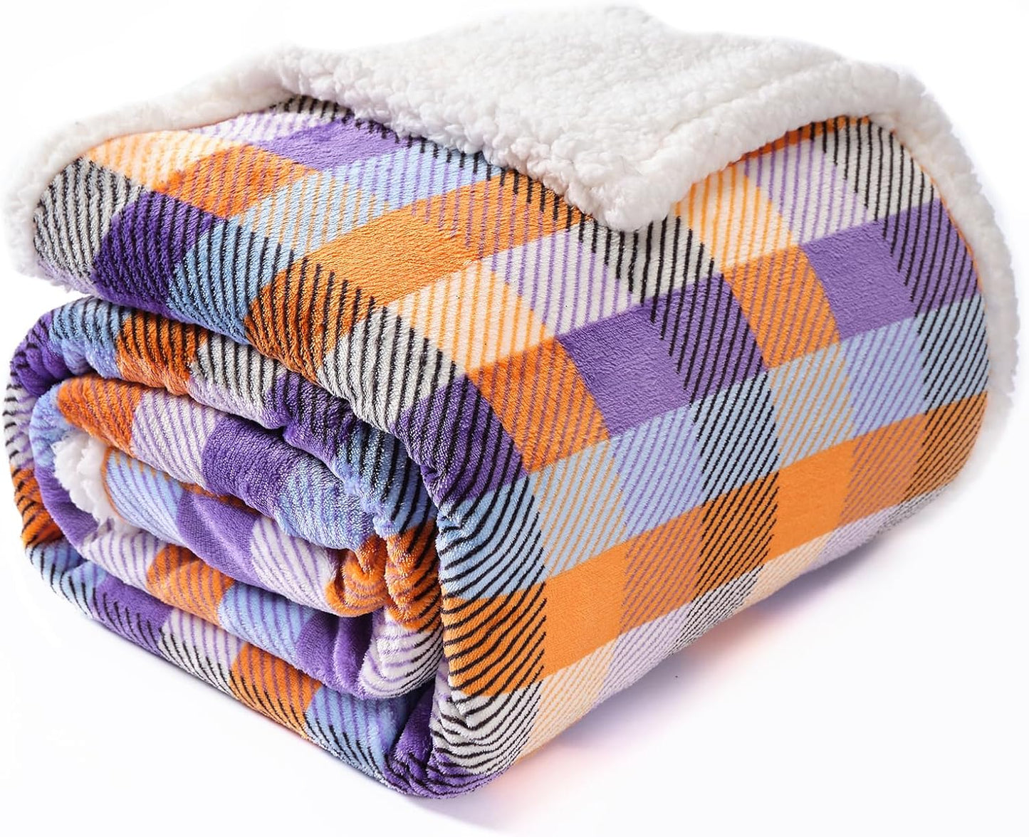 BEAUTEX Sherpa Fleece Flannel Throw Blanket, Fall Super Soft Warm Checkered Plaid Plush Blankets and Throws, Warm Autumn Winter Cozy Fuzzy Blanket for Couch Sofa Bed (Orange and Purple, 50" x 60")
