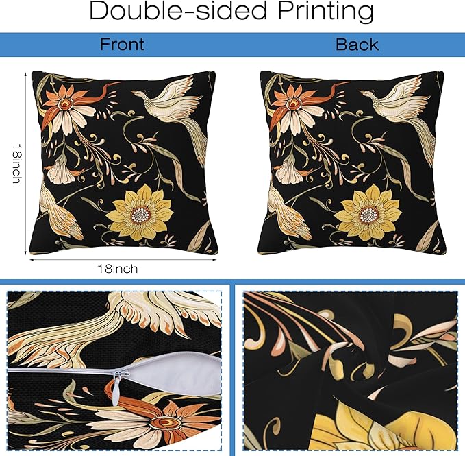 Vintage Flowers and Birds Pillow Covers 18x18 Inch Set of 2 Soft Decorative Throw Pillow Case for Living Room Bedroom Sofa Couch Cushion Covers