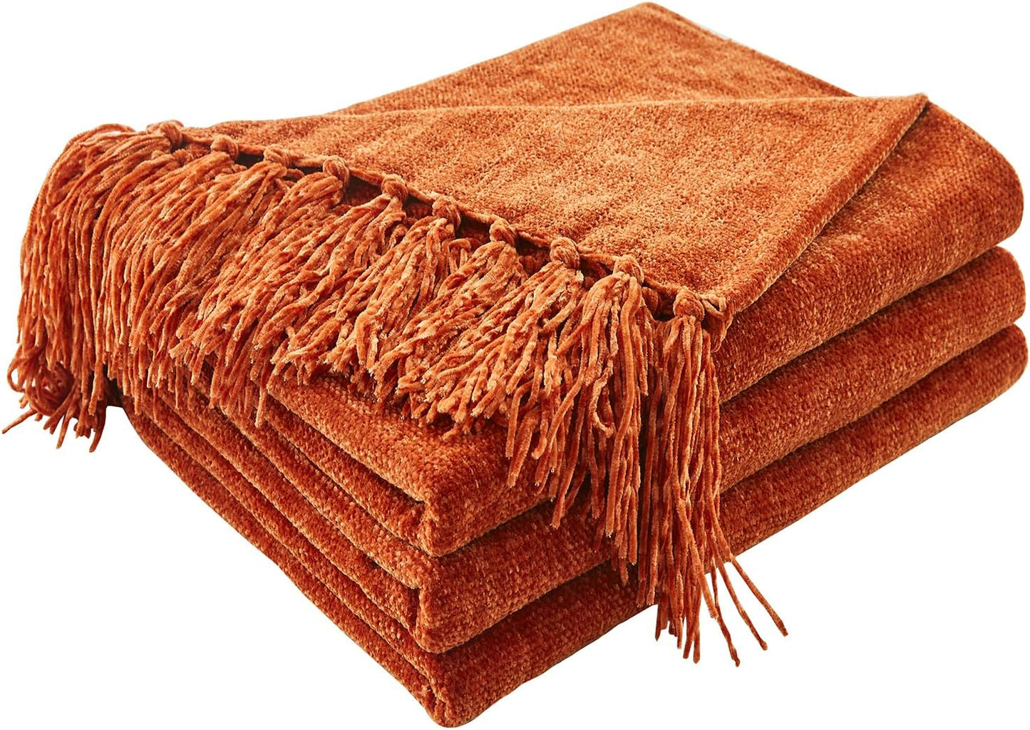 CozeCube Chenille Throw Blanket for Couch, Cozy Plush Fuzzy Decorative Rust Orange Blanket with Fringe Tassels, Lightweight Throws for Bed Sofa Gift Home Decor, 60"X80"