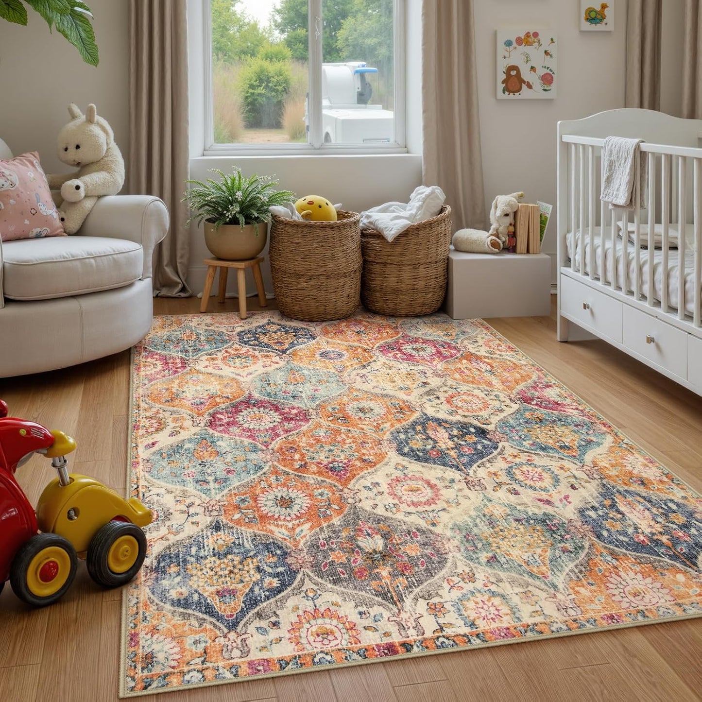 Lahome Moroccan Washable Area Rugs 9x12 Living Room, Soft 9x12 Area Rug for Bedroom, Oriental Non-Slip Non Shedding Throw Large Carpet for Dining Room Office, Cream/Multi