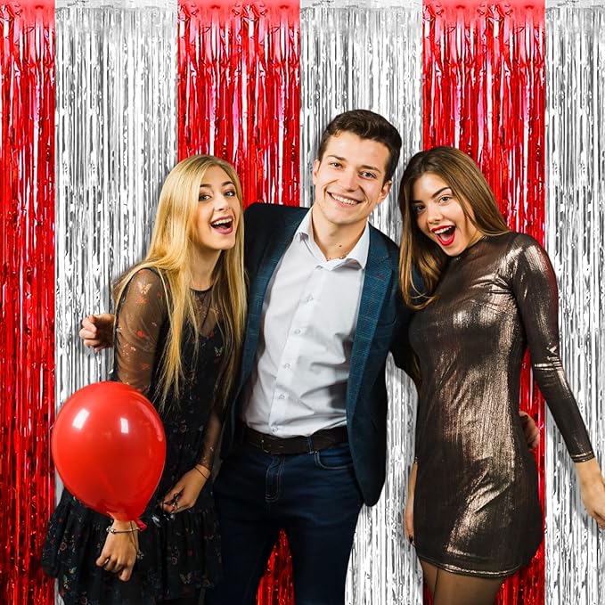 4 Pack Silver Red Foil Fringe Curtain Backdrop, 3.28Ft x 9.8Ft Metallic Tinsel Foil Fringe Streamers Curtains for Photo Booth, Wedding, Circus Welcome Carnival Birthday Party Decoration