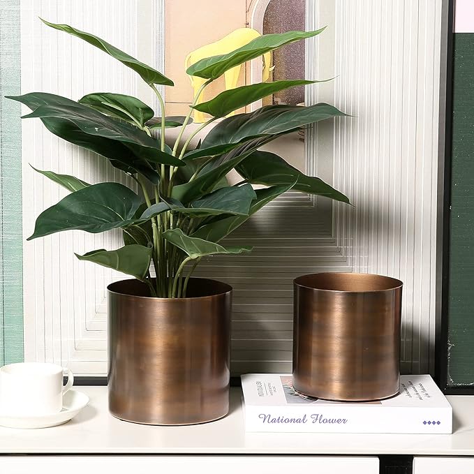 MyGift Antique Bronze Tone Metal Cylindrical Indoor Plant Pot, Succulent Planters Flower Pots, 6 and 5-inch, Set of 2 - Handcrafted in India