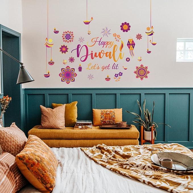 HLNIUC Happy Diwali Wall Stickers Peel and Stick(35”x12”) Let’s Get It Diwali Window Clings Double Sided,Multicolor Indian Festival of Light Wall Decal,Diyas Party Decoration Supplies for Living Room