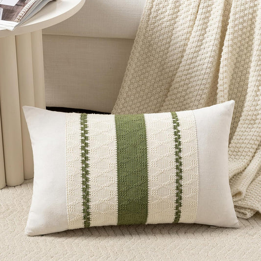 Fancy Homi Set of 1 Boho Moss Green Lumbar Decorative Throw Pillow Cover 12x20 Inch for Couch Bed Sofa Chair, Modern Organic Farmhouse Home Decor, Soft Cotton Cute Accent Rectangle Cushion Case