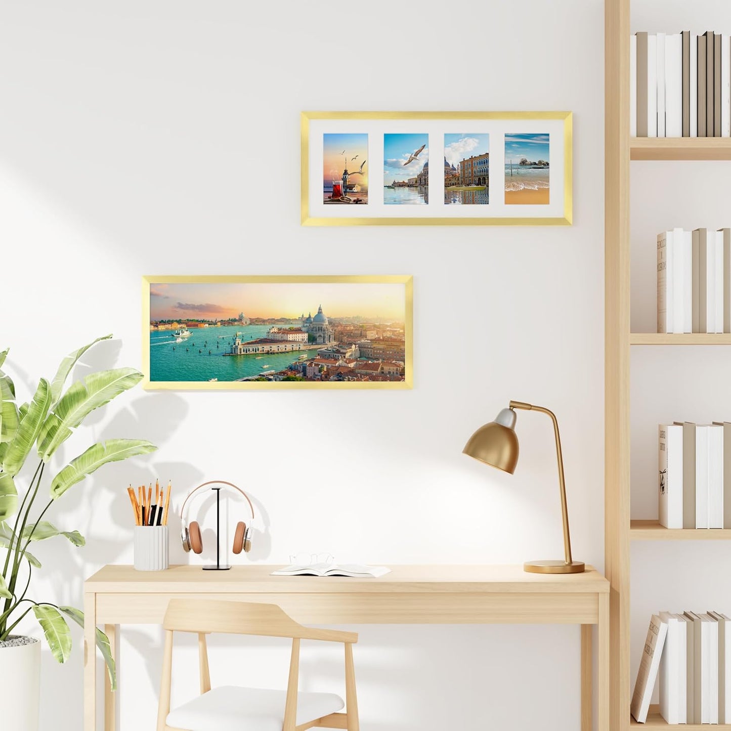 decorUhome 8x20 Picture Frames Collage Wall Decor, Display 4Pcs 4x6 Photos with Mat or 1Pcs 8x20 Unmatted, 4 4x6 Collage Picture Frames for Wall Mounting, Gold