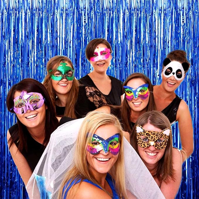 4 Pack Blue Foil Fringe Curtain Backdrop, 3.28Ft x 9.84Ft Metallic Tinsel Streamers for Sea Party, Photo Booth Props, Birthday, 2022 Summer Ocean Theme Party Decoration Supplies