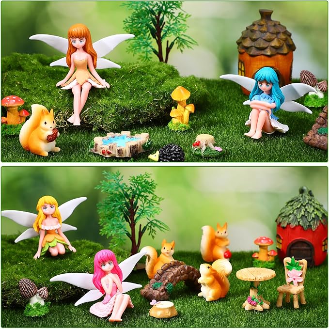 25Pcs Fairy Garden Accessories, Miniature Garden Ornaments Landscape Decorations Mini Fairy Figures Animal Plant Furniture Set for DIY Terrarium Potted Plants Dollhouse Desk Decor