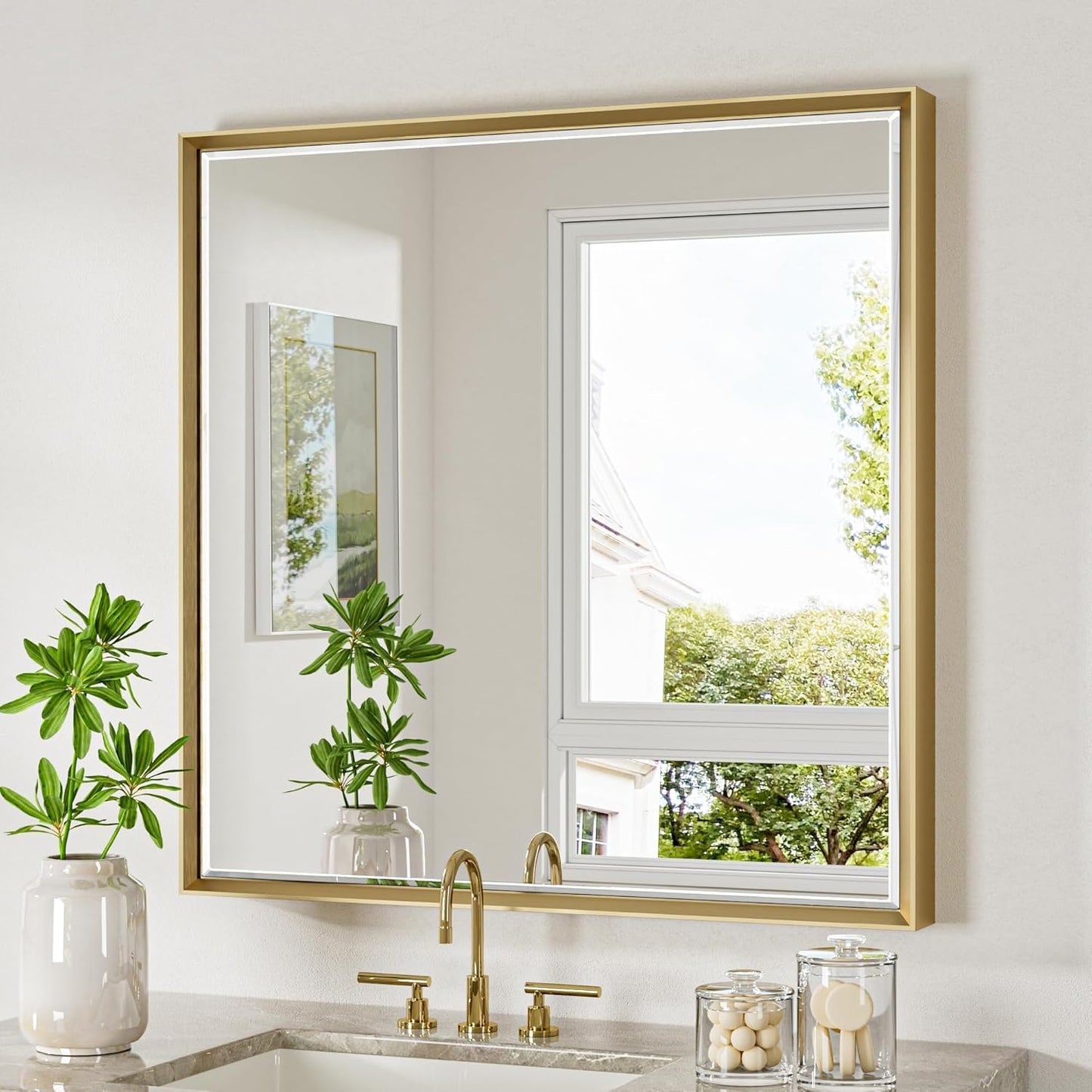 Gold Bathroom Mirror 36x36 Inch Square Beveled Bathroom Vanity Mirror Brushed Gold Framed Bathroom Mirror, Shatterproof Brushed Brass Metal Frame Mirror for Bathroom Wall