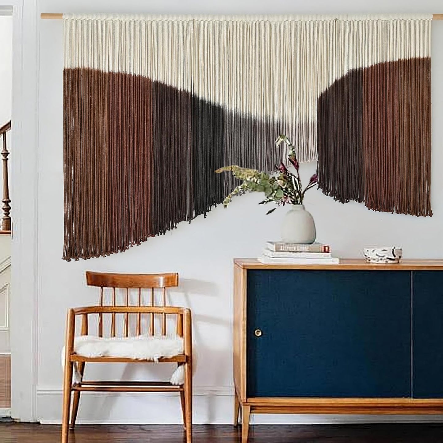 Jakalin Macrame Wall Hanging Geometric Dip Dyed Brown Red Dark Brown Boho Fiber Wall Decor for Living Room Art