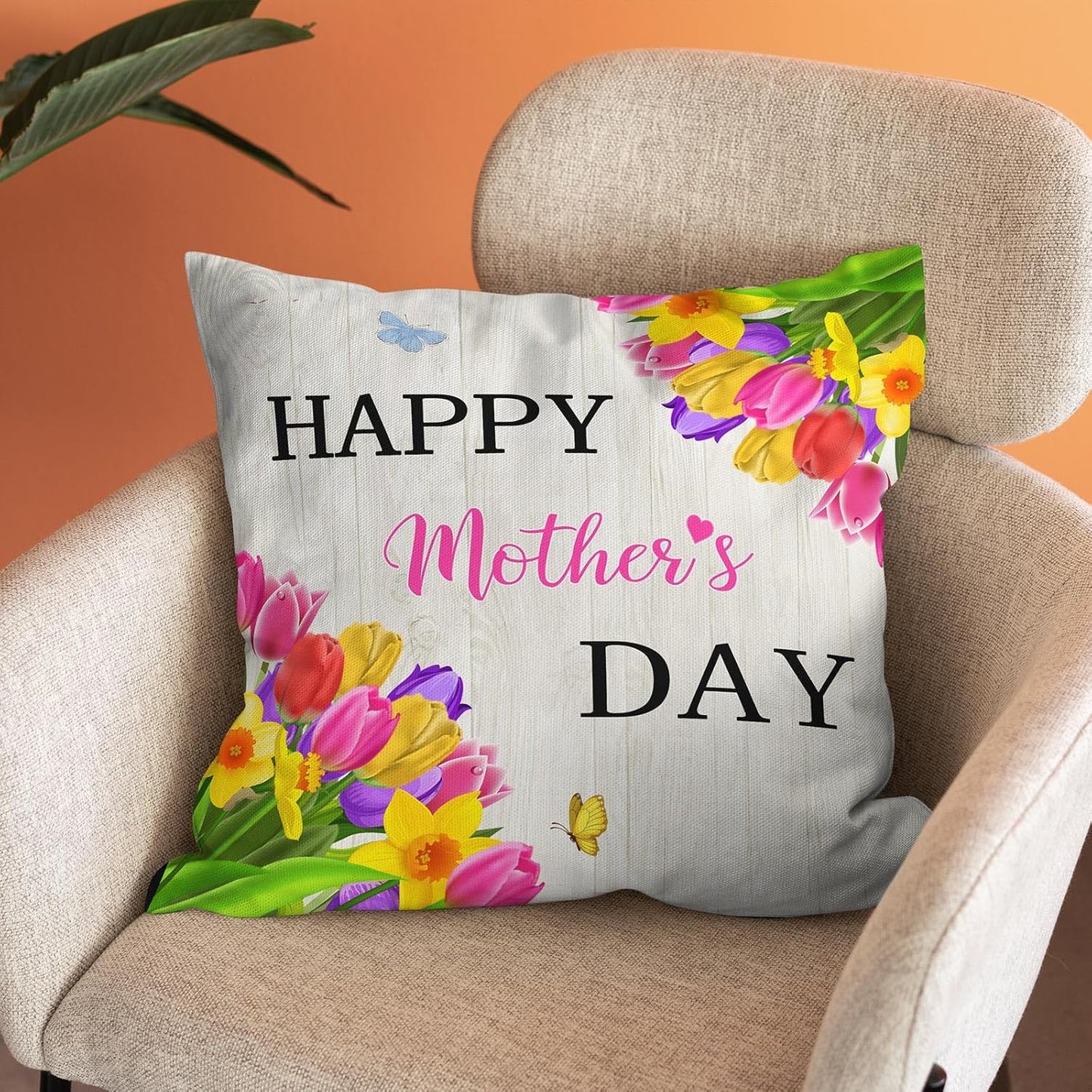 Happy Mother's Day Throw Pillow Cover，Tulip Flowers Love Mom Pillow Covers Farmhouse Decorative Cushion Case Sofa Pillow Case 18x18 Inch