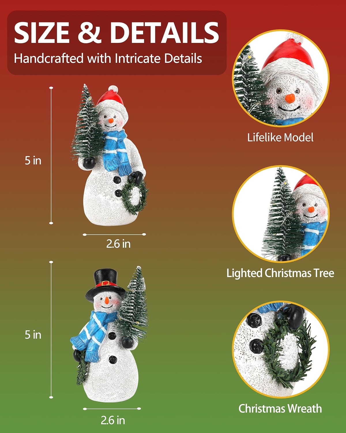 Duo 5'' Resin Snowman Figurines with Lighted Christmas Tree Wreath - Christmas Decorations Indoor Snowman Decor Ornaments Centerpiece - Winter Holiday (Snowmen)