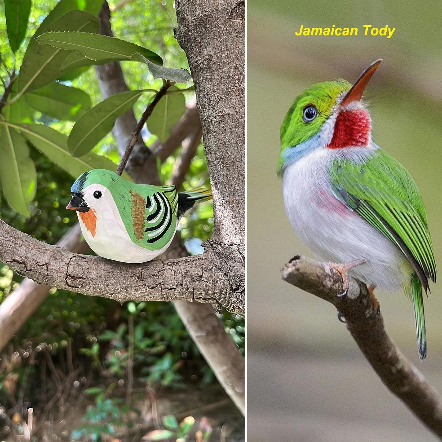 Hand Carved Bird Figurines, Hand-Painted Sculpted Wooden Birds, Wood Bird Sculptures for Home Decoration, Hand Crafted Life Like Bird Statues, Ideal Gifts for Bird Lovers (Jamaican Tody)