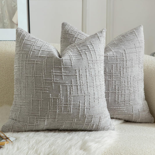 MANDIOO Pack of 2 Soft Chenille Textured Throw Pillow Covers Square Accent Solid Decorative Cushion Cover Cozy Farmhouse Pillow Case for Couch Sofa Bed Living Room 20x20 Inch Light Gray