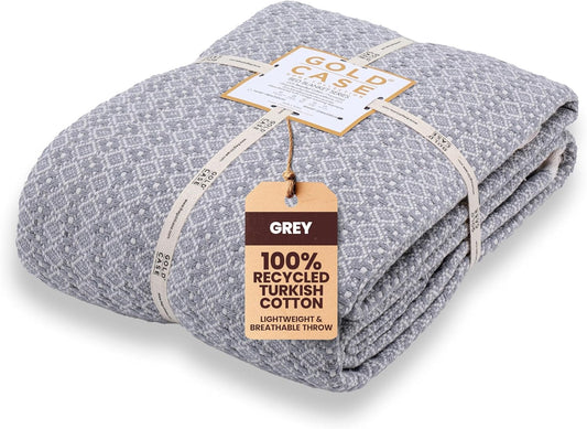 Gold Case Throw Blanket for Bed - 100% Recycled Turkish Cotton Blanket - Retro Lightweight Soft Throw Blankets for Bed & Living Room - Queen Size Cozy Blankets - 90x90 - Grey